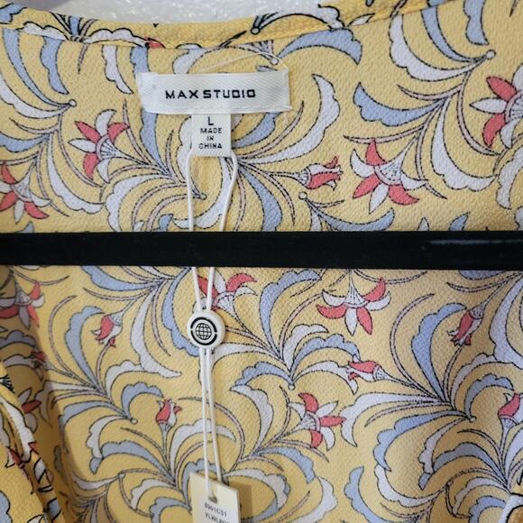 Max Studio Summer Wrap Dress Ruffle Midi Yellow Floral Flowy Hi Lo Sz L - Picture 9 of 9